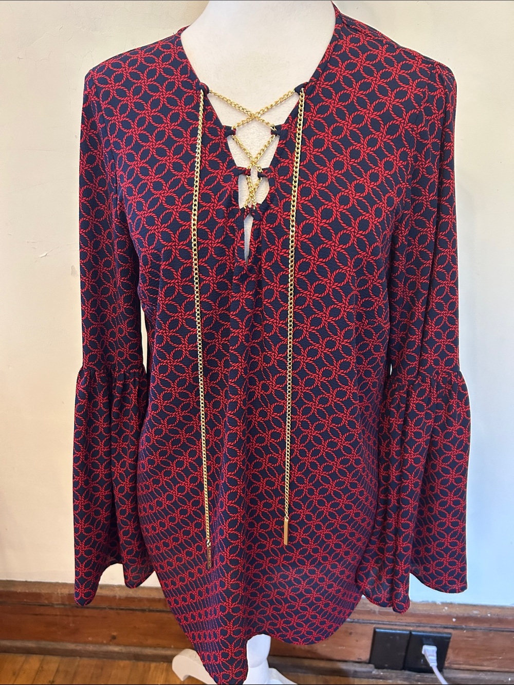 Michael Michael Kors Navy Red Lace-Up Bell Sleeve Blouse Size M New